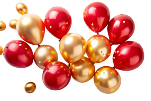A cluster of red and gold balloons floating in the air with gold confetti png