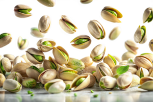 A delightful cascade of pistachios falling onto a surface with a hint of mint png