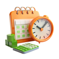 Time management calendar clock calculator concept 3D render illustration for business planning scheduling and timekeeping png