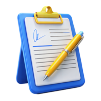 3D Render of a Blue Clipboard with Yellow Pen and Signature Line for Form Filling and Document Signing png