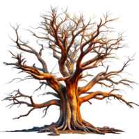 Majestic Ancient Tree with Intricate Branches and Exposed Roots in a Digital Painting png