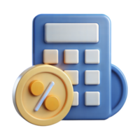 3D Render of a Calculator with a Percentage Symbol Coin Representing Discount Calculation and Financial Savings png