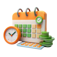 3D Render of Calendar Clock and Coins Representing Time Management and Financial Planning png