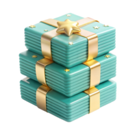 Stack of Teal Gift Boxes with Gold Ribbon and Stars 3D Render png