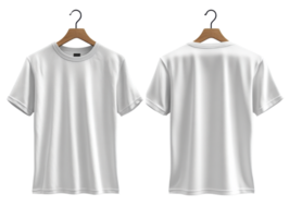 plain white t shirt displayed on hangers, showcasing both front and back views. Ideal for casual wear or branding opportunities png