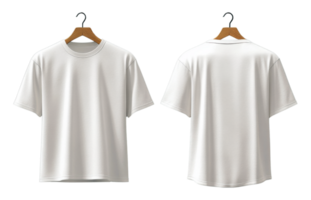 plain white t shirt displayed on hangers, showcasing front and back views. Ideal for casual wear or branding png