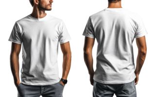 Man wearing white t shirt displayed from front and back, showcasing its simple design and versatility png