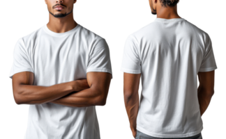 plain white t shirt displayed from front and back, showcasing its fit and style png