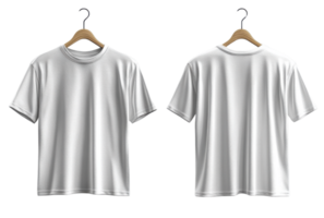 plain white t shirt displayed on hanger, showcasing both front and back views, ideal for casual wear or customization png