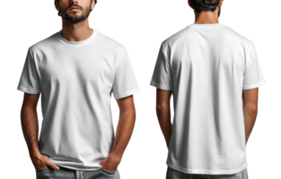 Man wearing plain white t shirt displayed from front and back, showcasing its simple design and versatility png