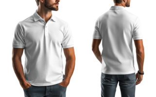 plain white polo shirt displayed from front and back, showcasing its simple design and versatility. Perfect for casual or semi formal occasions png