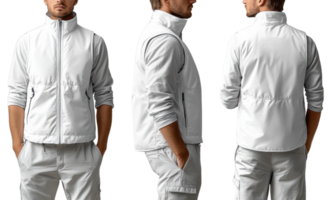 Stylish white vest for men, perfect for casual or outdoor wear. Versatile and comfortable, ideal for layering in various settings png