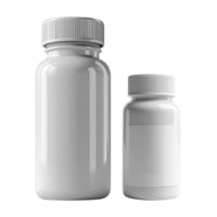Empty white bottles for supplements or pharmaceuticals, showcasing clean design. Ideal for product packaging or branding concepts png