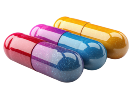 Colorful capsules in vibrant shades of red, pink, blue, and yellow, showcasing glossy finish and sparkling texture png
