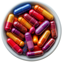 Colorful capsules in white bowl, showcasing various shapes and sizes, evoke sense of vibrancy and health png