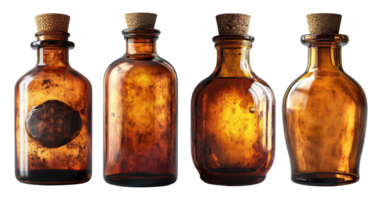 collection of vintage amber glass bottles with cork stoppers, showcasing various shapes and textures, perfect for decoration or storage png