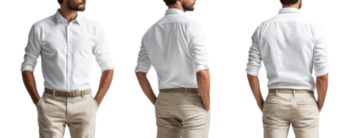 man wearing white button up shirt and beige pants, showcasing different angles png