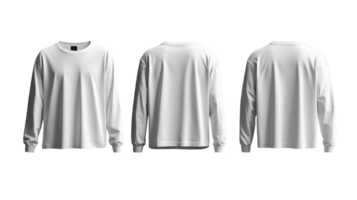 White long sleeve shirt displayed from front, back, and side views, showcasing its simple design and versatility png