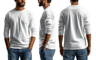 man wearing long sleeve white shirt, viewed from front, side, and back, showcasing casual style png