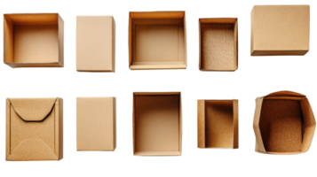 Empty cardboard boxes various sizes and shapes arranged transparency background, showcasing versatility and storage options png