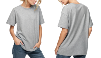 Casual gray t shirt on model, showcasing front and back views, stylish and comfortable png