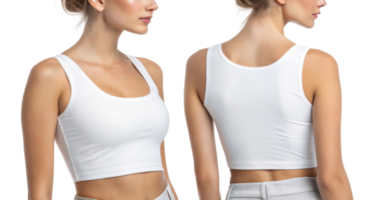model showcasing white crop top from front and back, highlighting its stylish design and fit png