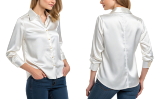 Elegant satin blouse with button closure and long sleeves, perfect for stylish occasions png