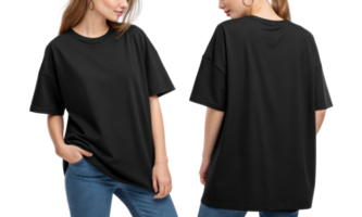 Black oversized t shirt on model, casual style, front and back view png