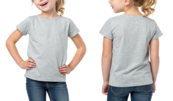 This features girl wearing gray t shirt, showcasing both front and back views. playful expression adds cheerful vibe to scene png