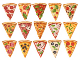 Delicious collection of 12 pizza slices featuring various toppings and styles png