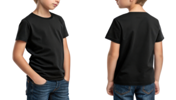 plain black t shirt displayed on child from front and back, showcasing its simple design and fit png