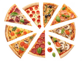 Delicious assortment of pizza slices featuring various toppings and flavors png