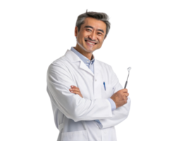 Smiling dentist holding dental tool, wearing white coat, confident pose, professional setting png
