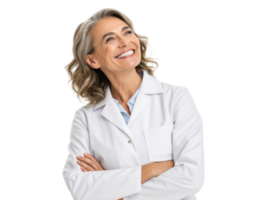 Smiling woman in white lab coat, looking confidently upward, expressing positivity and professionalism png