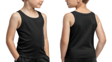 child wearing black tank top, showcasing front and back views, with casual pose png