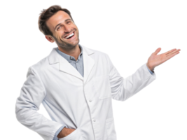 Smiling man in white lab coat, presenting with welcoming gesture, exuding confidence and professionalism png