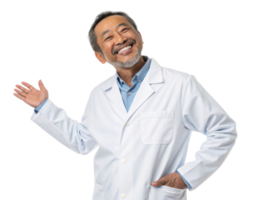smiling man in white lab coat, presenting confidently. He has gray hair and friendly demeanor png