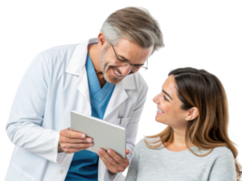 Doctor and patient discussing health information with tablet, smiling png