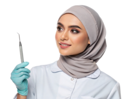 woman in hijab holds dental tool, smiling confidently in professional setting png