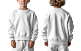 child wearing plain white sweatshirt, front and back view, showcasing simple design png
