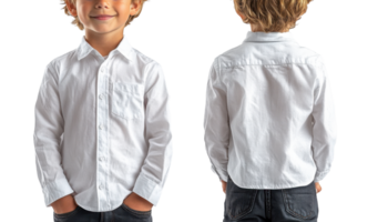 smiling boy wearing white button up shirt, showcasing front and back views png