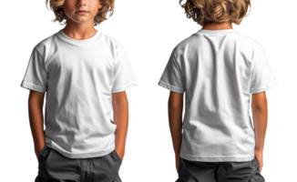 child wearing plain white t shirt, showcasing both front and back views, with hands in pockets png