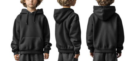 stylish black hoodie worn by child, showcasing front, side, and back views png