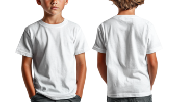 plain white t shirt worn by child, showcasing both front and back views png