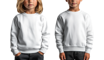 White sweatshirt on children, casual wear, front view, plain design, unisex style, comfortable clothing png