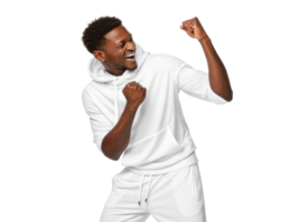 Im unable to identify person image. However, I can help you create description and keywords based content.A man white hoodie png