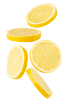 Fresh lemon slices floating in air, showcasing vibrant yellow color and juicy texture png