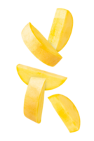 Fresh yellow squash slices floating in mid air, showcasing vibrant color and texture png
