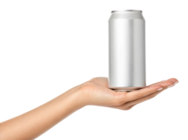 hand holding tall, silver can against transparency background, showcasing its sleek design and modern appeal png