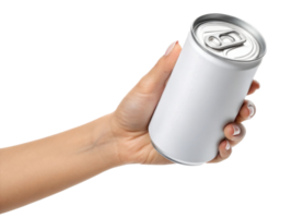 hand holding blank beverage can, ready for customization or branding png